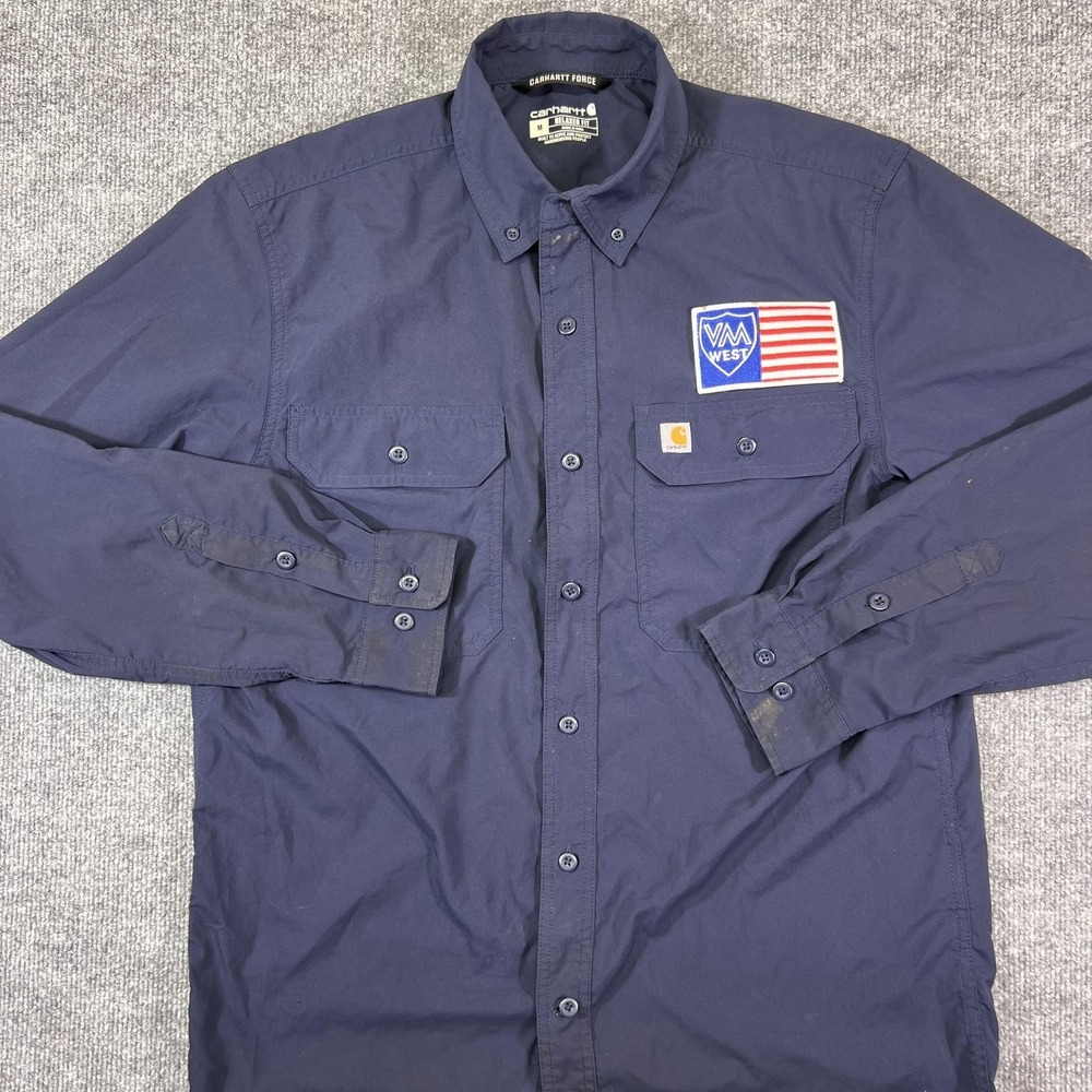Carhartt Force Shirt Mens Medium Blue Solid Button Front Long Sleeve Workwear - Picture 5 of 12